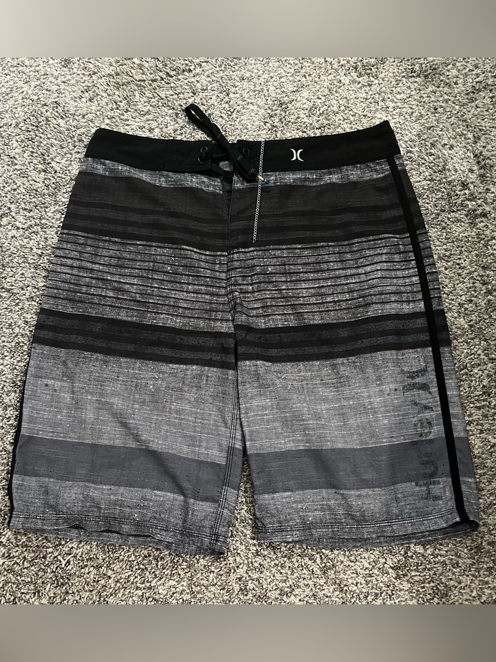 Hurley Men’s Black and Gray Striped Board Shorts